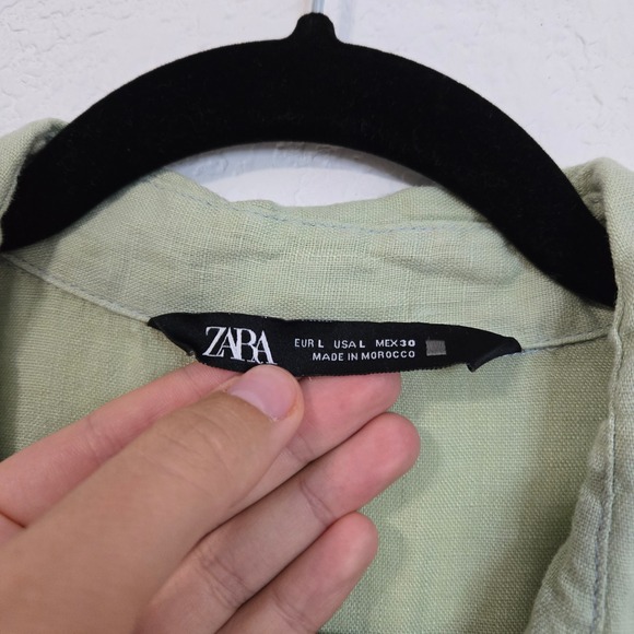Zara Womens L Sage‎ Green 100% Linen Long Sleeve Button Down Shirt Top - Picture 4 of 5